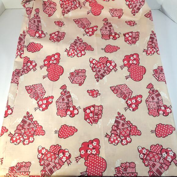 Vintage 44" x 63" Red Tan House Trees Floral Fabric Country Retro Originelle - Picture 3 of 11